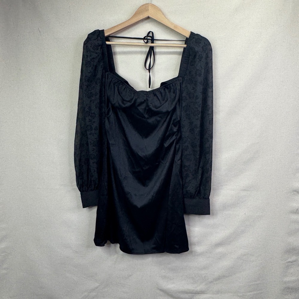 Danielle Bernstein WeWoreWhat Women Black Satin Sheer Floral Sleeve Mini Dress 6